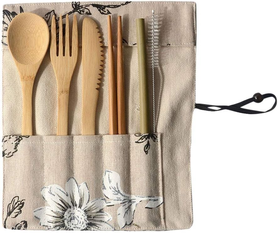 6 IN 1 Bamboo Cutlery Set,Altsommer Portable Bamboo Cutlery Travel Eco-friendly Fork Spoon Set Include Reusable Bamboo Slice,Knife,Spoon,Chopsticks,Straw,Cleaning Brush