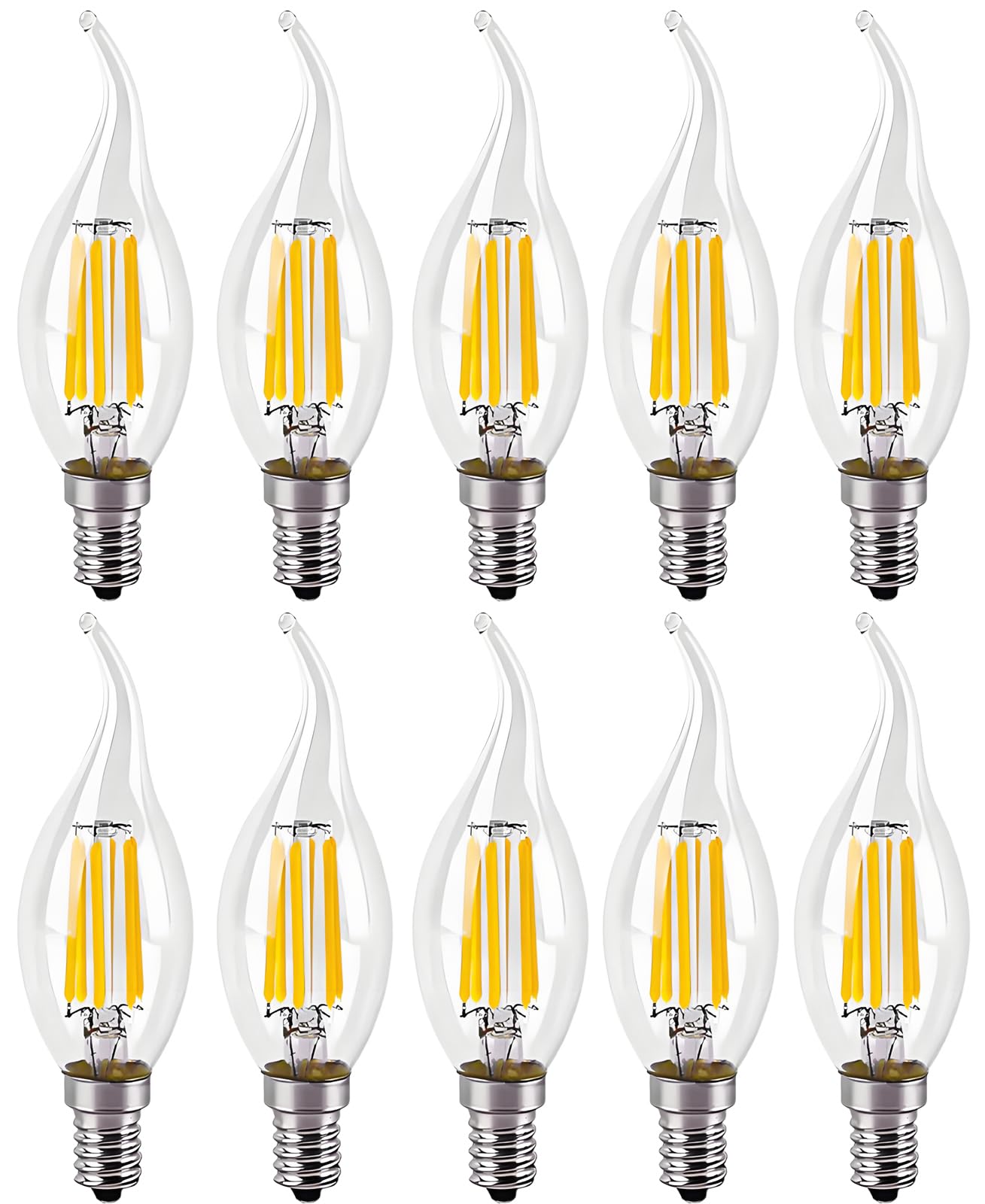 WULUN 10 Pack 6W E14 Bulb Filament LED Flame Candle 2700K Warm White Equivalent Bulbs Incandescent Halogen 60W Dimmable AC220-240V