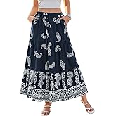 DJT Women's Boho Elegant Lace Trim Swing Tiered Maxi Skirt High Waisted Tie A Line Flowy Long Skirts with Pockets