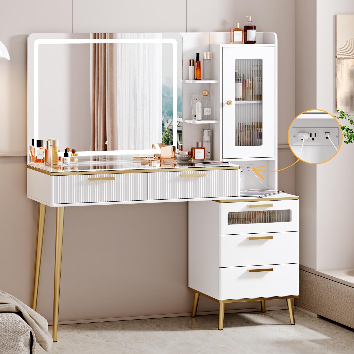 Photo 1 of ************MIRROR IS BROKEN*************
Vanity Desk with 29.53" HD Lighted Mirror, 47.24" Big Modern Vanity Desk with Mirror and Lights, Makeup Vanity with 5 Drawers and Storage Shelves and Charging Station, White