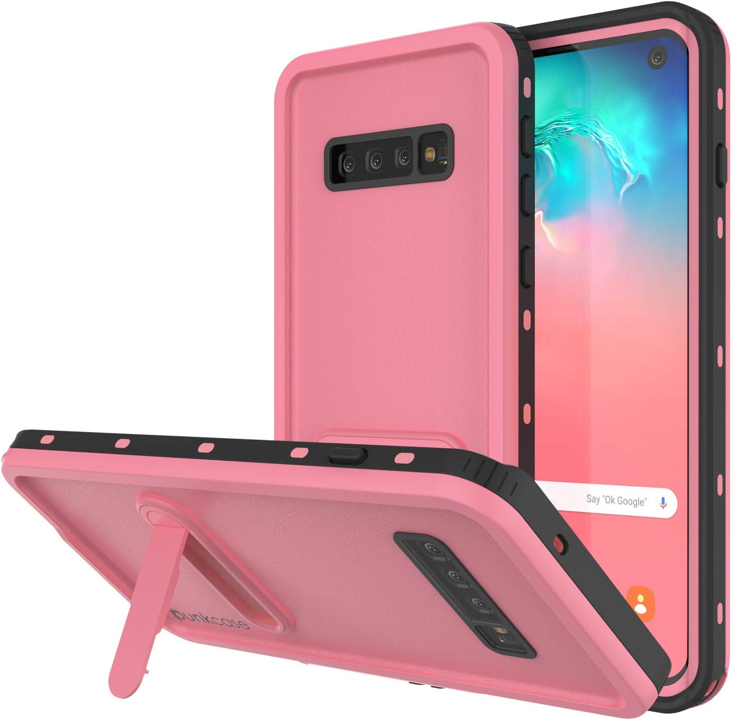 PunkCase Waterproof Case [KickStud Series] [Slim Fit] [IP68 Certified] [Shockproof] [Snowproof] Armor Cover W/Built-In Kickstand + Screen Protector Compatible W/Samsung Galaxy S10 [Pink]