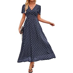 Polka Dot Dress for Women 2026 Summer V Neck Empire Waist Chiffon Maxi Long Dresses with Pockets Wedding Guest Party Beach