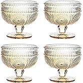 CHOOLD Vintage Sunflower Embossed Glass Footed Dessert and Salad Bowl - Ice Cream Trifle and Cake Bowl for Home Party Wedding - 9 oz, Amber, Set of 4