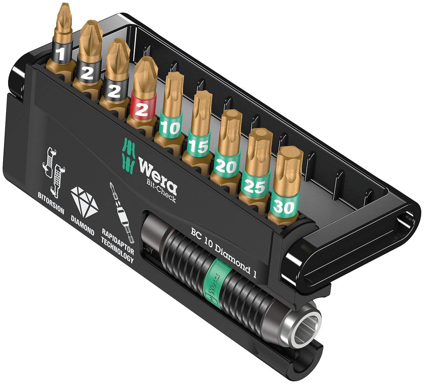 Wera 05057116001 Bit-Check Set 8751-9/BDC BiTorsion Diamond Anti Cam-Out with Rapidaptor for Drill/Drivers, High Resistant Materials, PZ, PH, Torx 10pc
