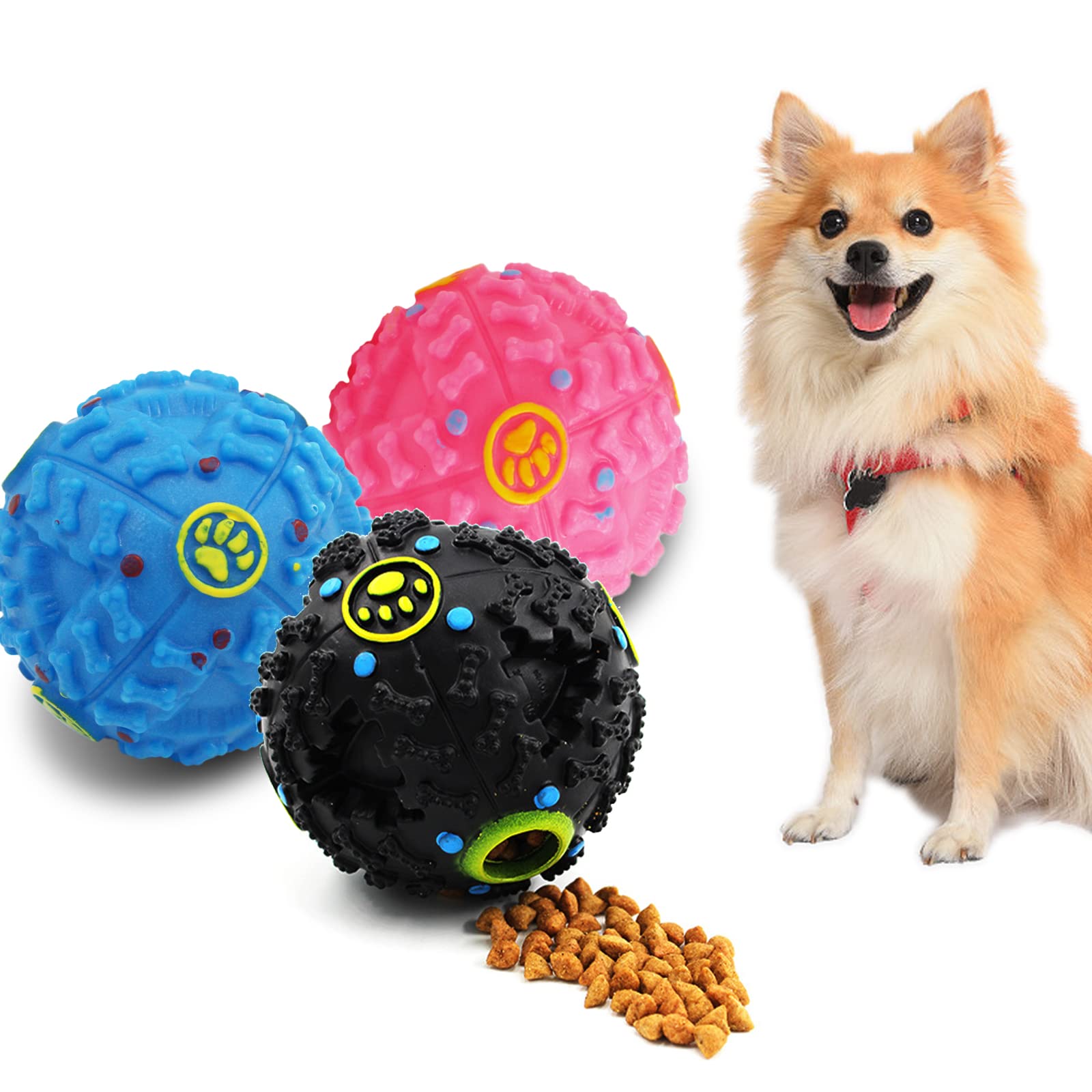 3 Pcs Dog Toys Ball with Sound, Dog Chew Toys Treat Dispenser for Puppy Small Dogs, Dog Treat Toy Puzzle Feeders for Molar, Teeth Cleaning, Boredom Relieving, IQ Training (S, Black, Blue & Pink)