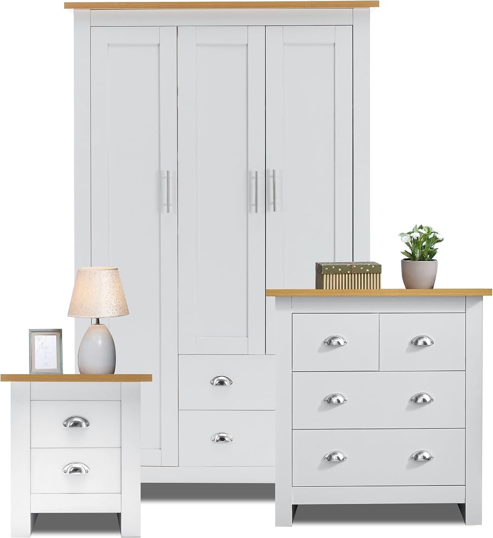 Blisswood 3 Piece Bedroom Set Wardrobe, Chest & Bedside Table - White & Oak