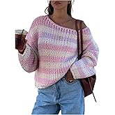 MakeMeChic Women's Winter Y2K Striped Off Shoulder Sweater Long Sleeve Loose Knitted Pullover Tops