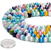 70PCS Natural 8MM Healing Gemstone, Synthetic Cat’s Eye Energy Stone Round Loose Beads, Semi-Precious Crystal Beads with Free Elastic String for Jewelry Making DIY
