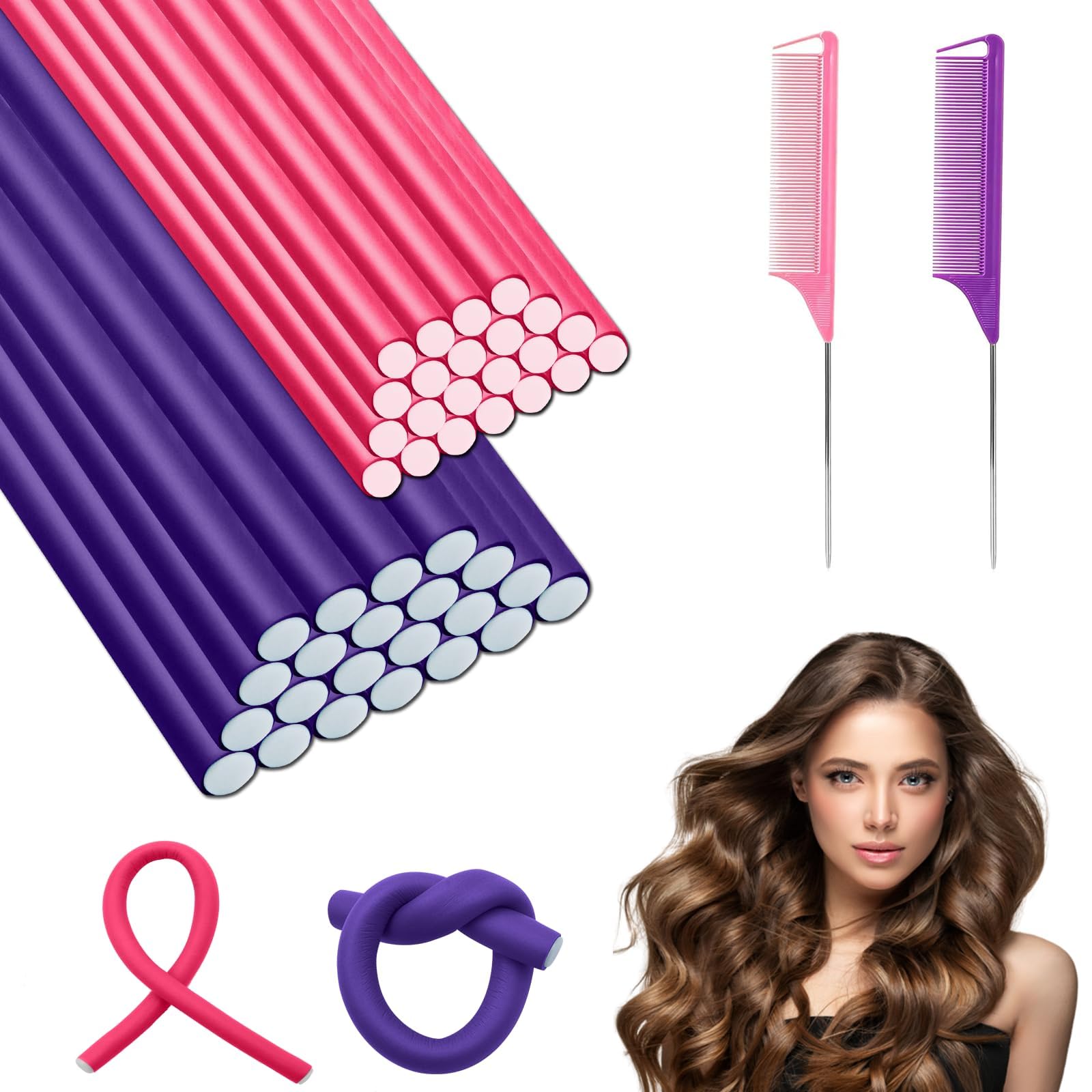 ZOCONE 40PCS Flexi Rods for Hair Thick, 80mm+120mm Foam Hair Rollers for Long Hair Satin Heatless Curlers Bendy Foam Hair Rollers for Short Medium Long Hairstyles (Pink, One Size)