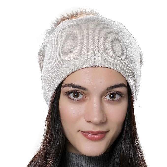 URSFUR Unisex Weiche Wolle Mütze Strickmütze Kappen mit Fellbommel aus Fuchspelz/Waschbär Fell