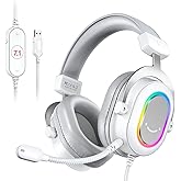 FIFINE USB Gaming Headset, PC Headphones Wired with Microphone for Computer/Laptop, Over-Ear RGB Headset with 7.1 Surround Sound, Noise Cancellation for Streaming Video Game- AmpliGame H6 (White)