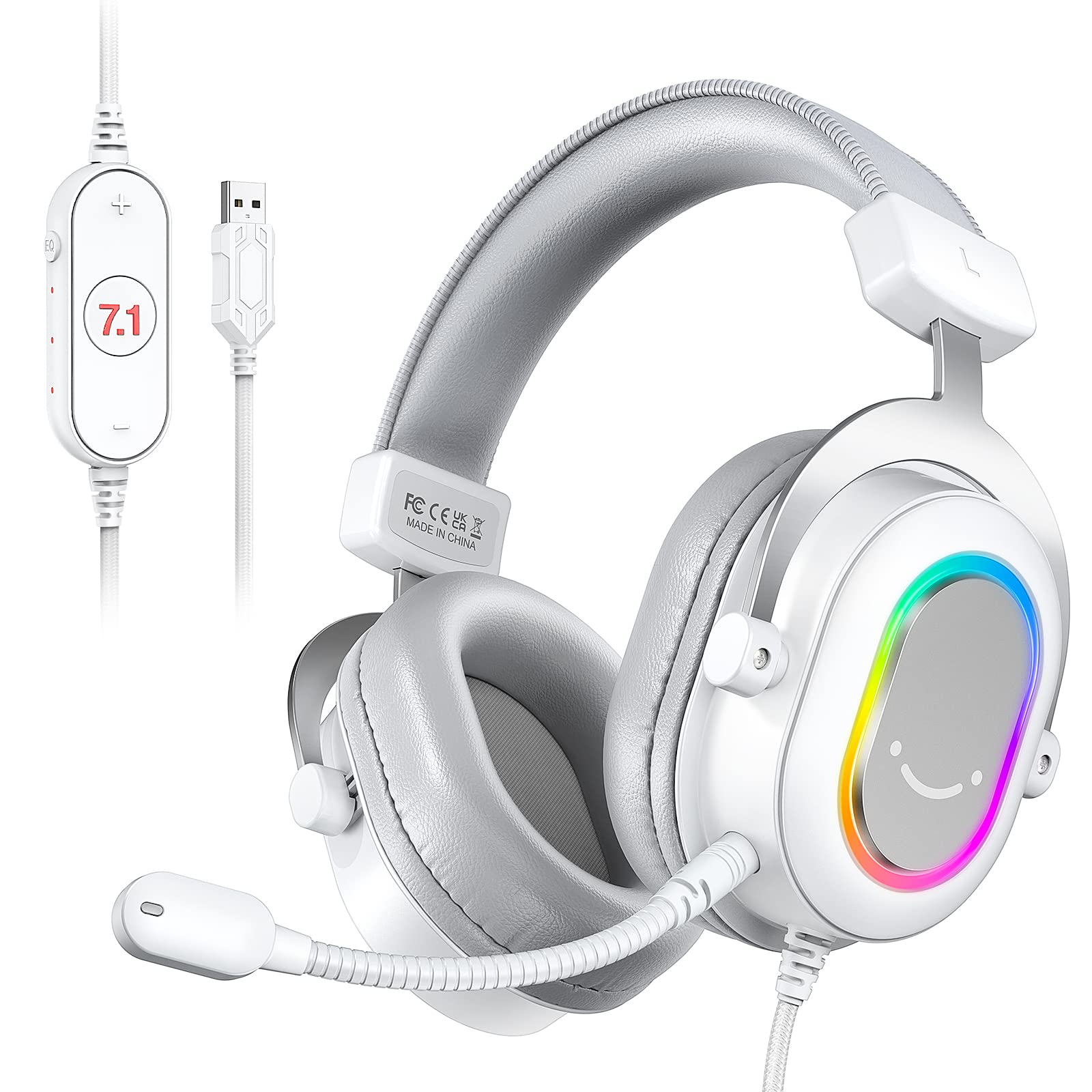 FIFINE USB Gaming Headset, PC Headphones Wired with Microphone for Computer/Laptop, Over-Ear RGB Headset with 7.1 Surround Sound, Noise Cancellation for Streaming Video Game- AmpliGame H6 (White)