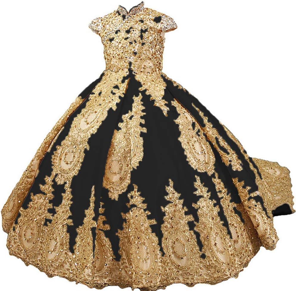 gsunmmw Gold Lace Flower Girl Dresses for Wedding Beaded Pageant Ball Gown First Communion Dress for Girls GS098