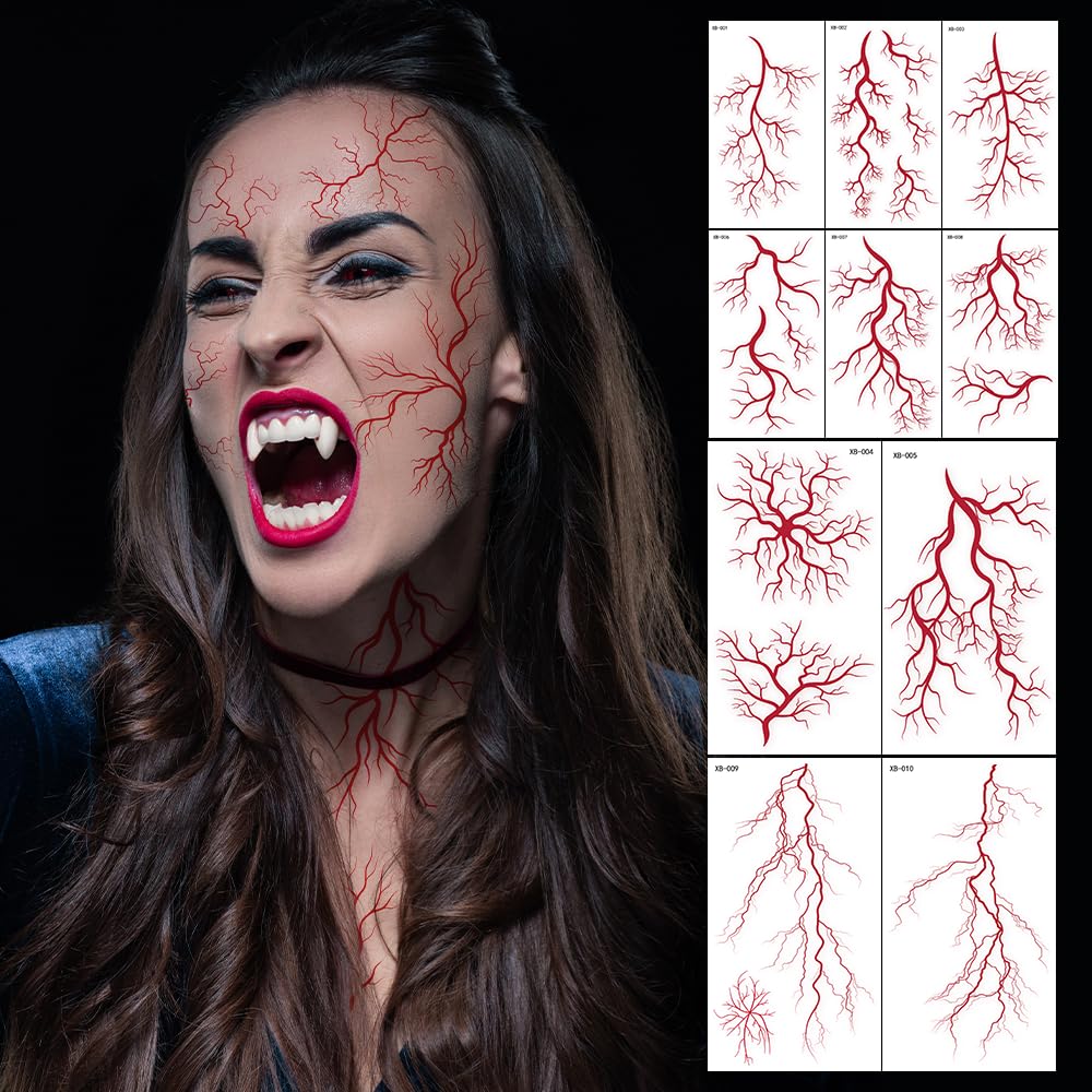 Photo 1 of 10-Pack Halloween Temporary Tattoos Scary Vein Tattoo for Halloween Makeup, Realistic Blood Vessel Vampire Bite Marks - Halloween Decorations Temporary Tattoos for Monster or Zombie Costume Kit