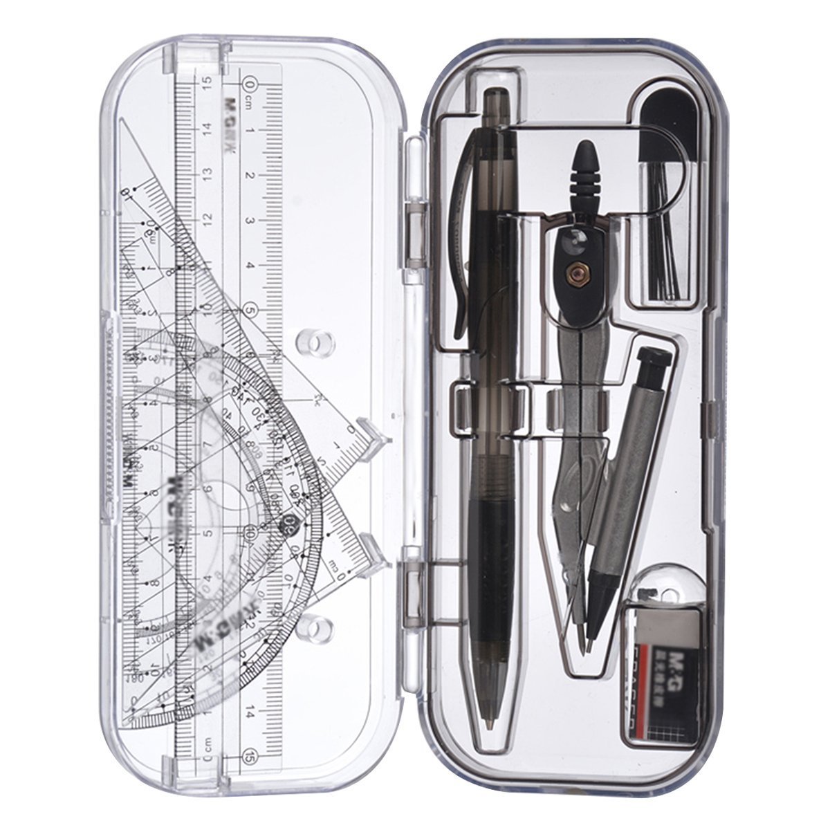Millya 8PCS Students Math Drawing Geometry Set Compass Protractor Ruler Square Set with Sturdy Plastic Case