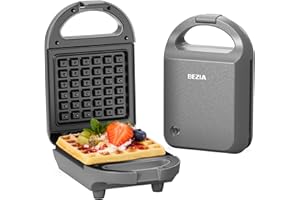 Mini Waffle Maker, Small Waffle Iron Machine Stuffed Non-Stick for Kinds, Breakfast Square Compact Design Tiny, Fast Heat Up, Keto Chaffles, Grilled Cheese, Snack, Gray 600W BEZIA