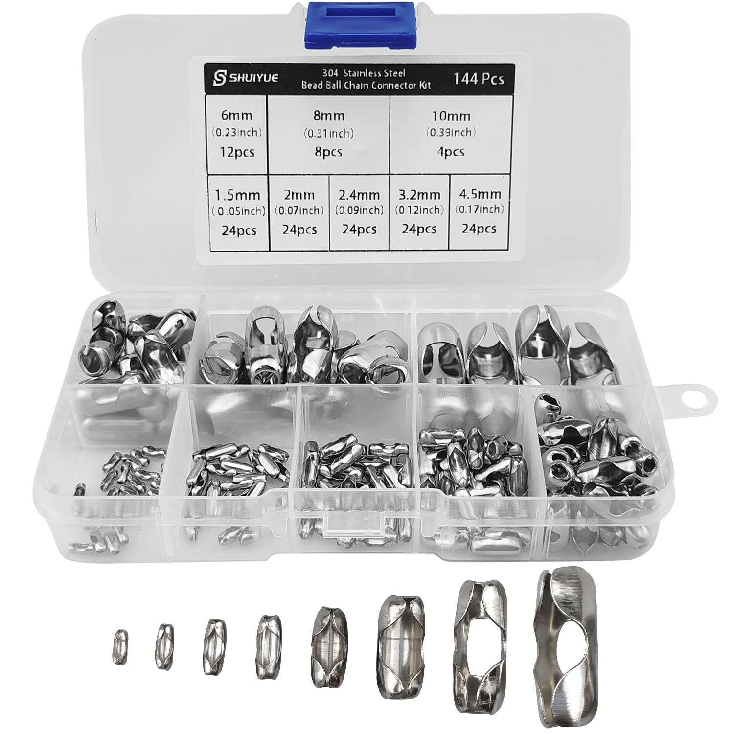 144Pcs 304 Stainless Steel Bead Ball Chain Connector Kit, Roman Vertical Blind Ball Chain Cord Connector Clips, 8 Models, Fits for 1.5/2/2.4/3.2/4.5/6/8/10mm Beaded Ball Chain