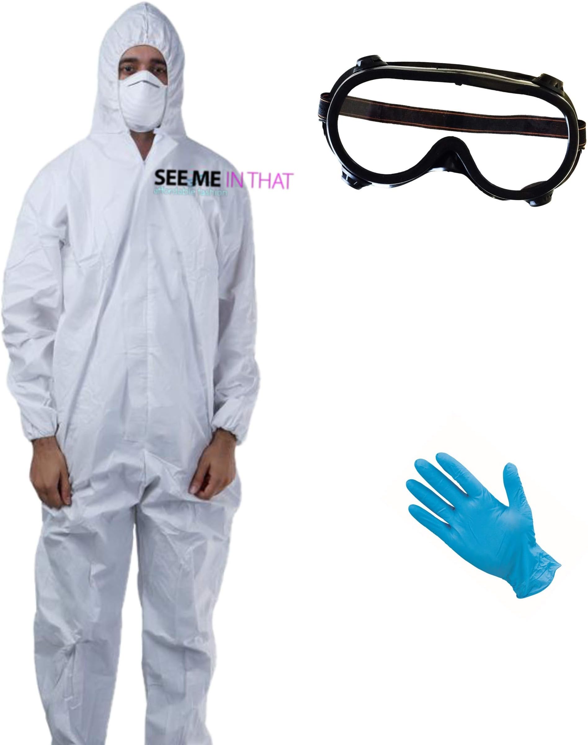 White Hazmat Suit Zip front goggles gloves Overalls Hazard Fancy Dress Costume