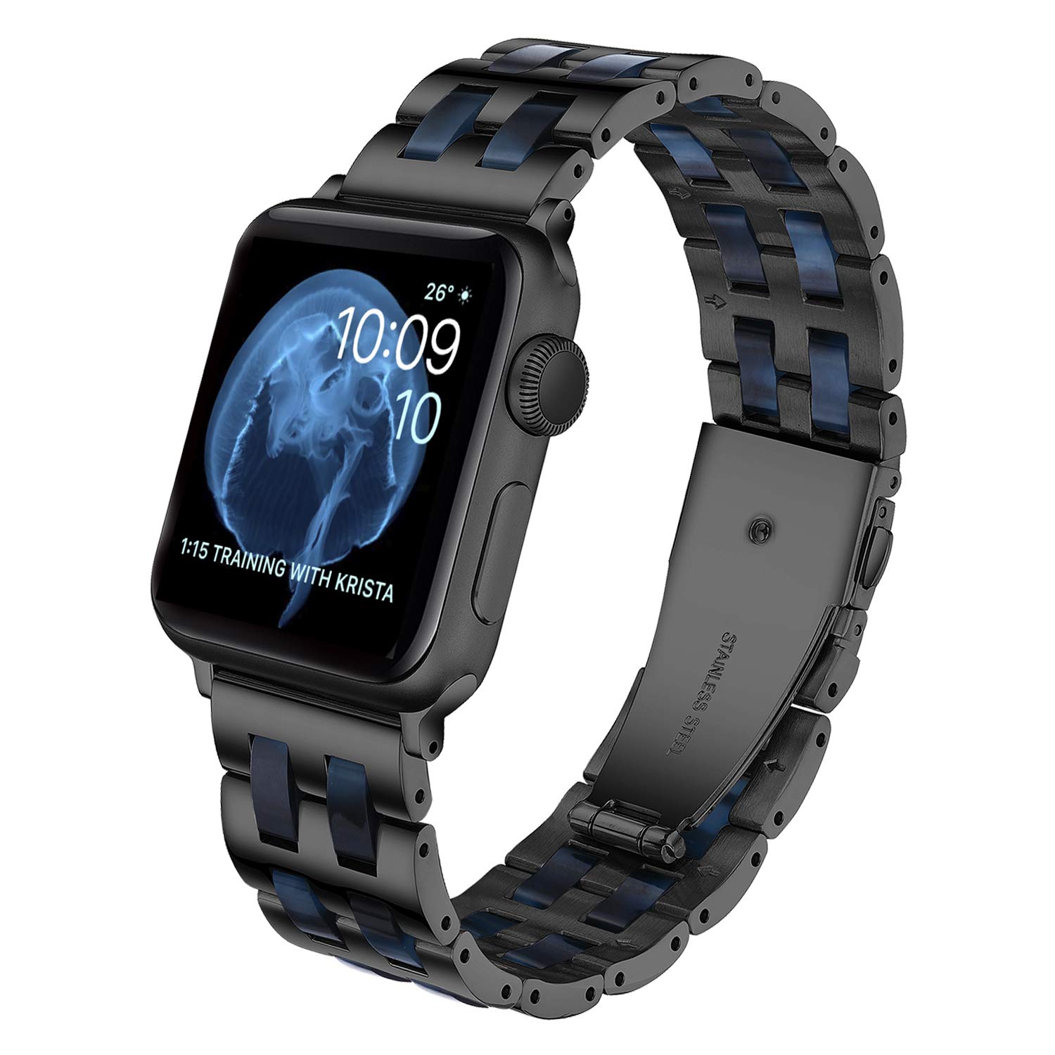 Caunedy Compatible with Apple Watch Strap 38MM/40MM/42MM/44MM,Solid Stainless Steel Metal Wristband Replacement for Series 5/4/3/2/1,Colourful Resin Bracelet Strap (38/40mm, Black&Ultramarine Blue) — image 1