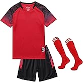 Hiheart Boys Soccer Jersey Set Football Team T-Shirt and Shorts with Socks Athletic Tracksuit