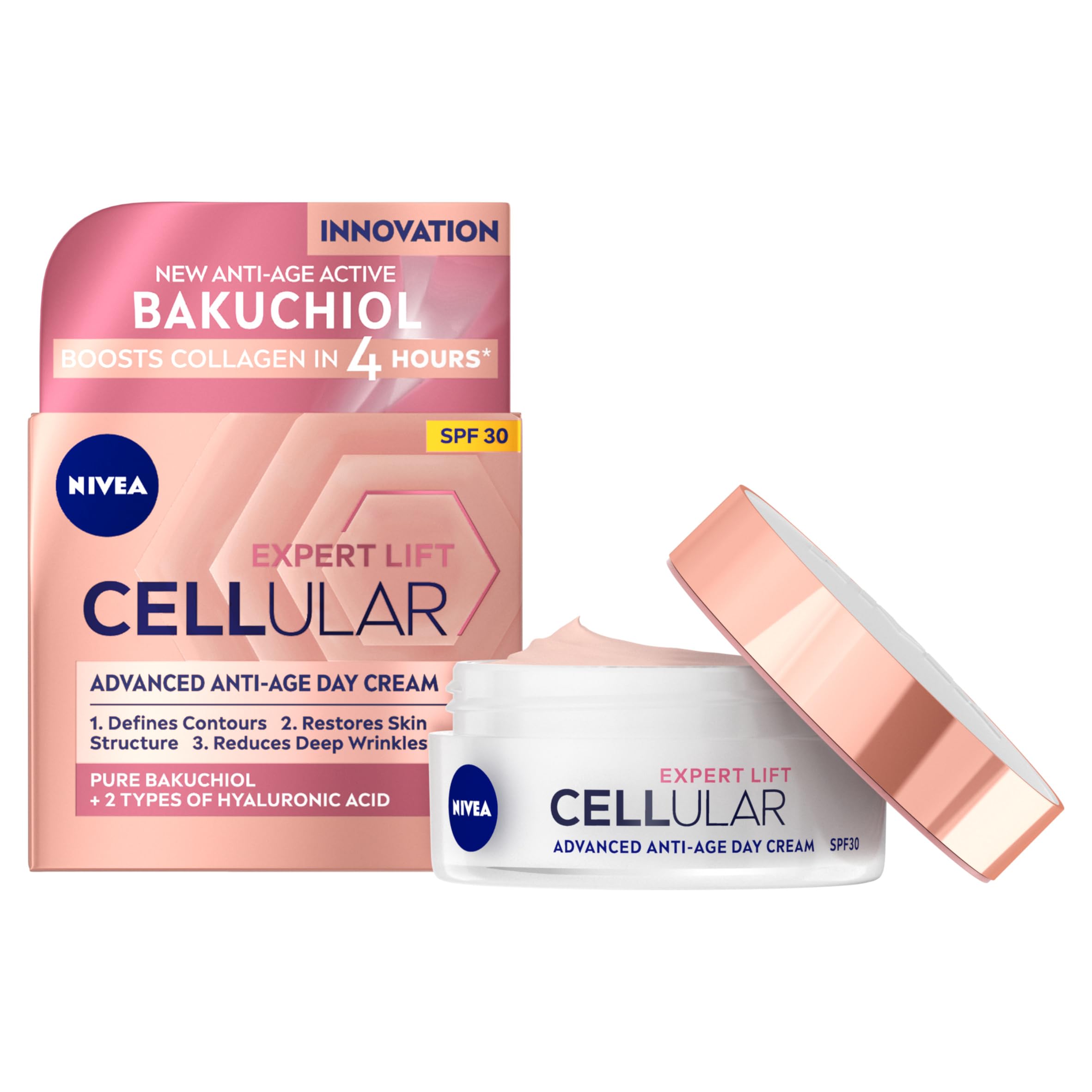 NIVEA Cellular Expert Lift Anti-Age Day Cream SPF30 (50ml), Anti Wrinkle Face Cream with Pure Bakuchiol and Two Types of Hyaluronic Acid, SPF Face Moisturiser