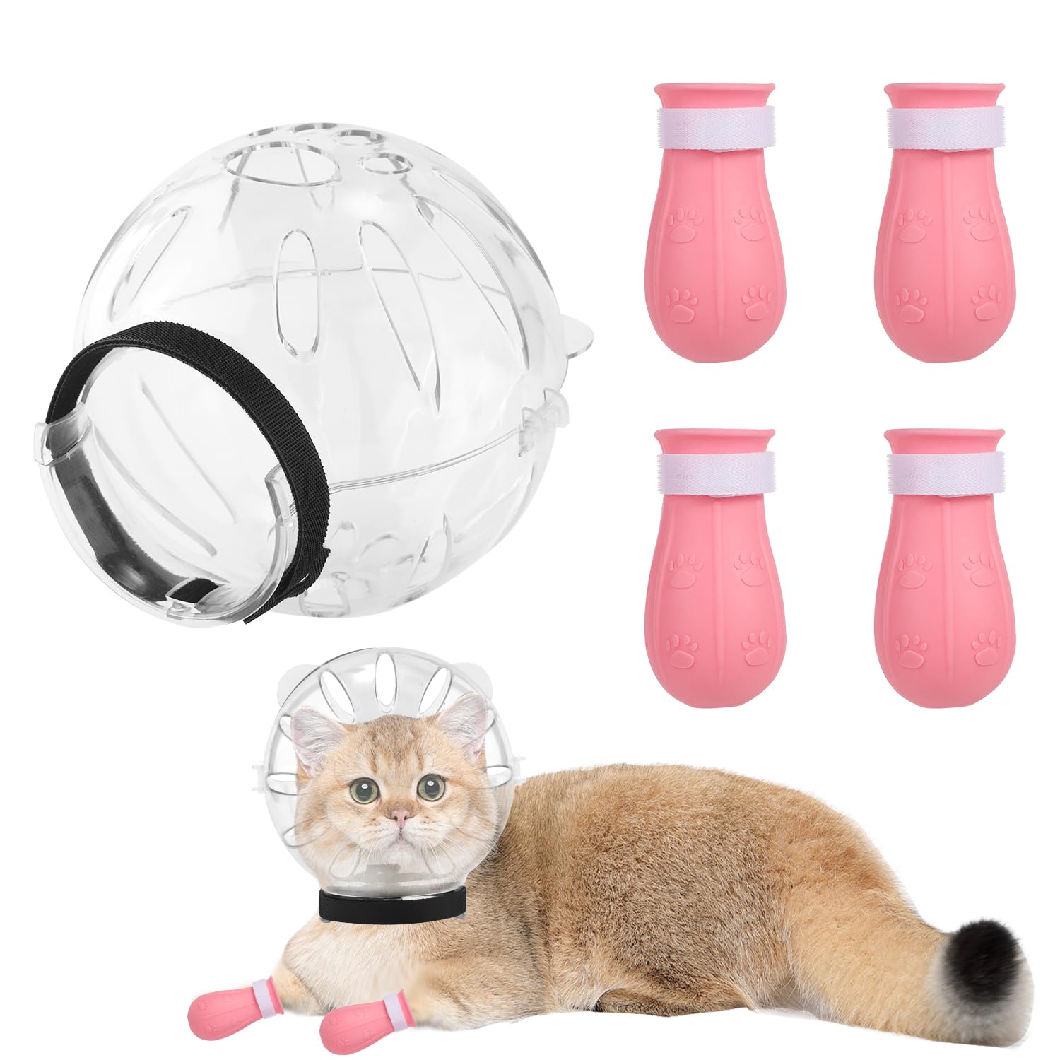 PEUTIER Cat Muzzle and Boots Set, Breathable Cat Adjustable Hood and Paw Covers Transparent Cat Muzzle Helmet Silicone Cat Shoes for Cats Bathing Nail Trimming