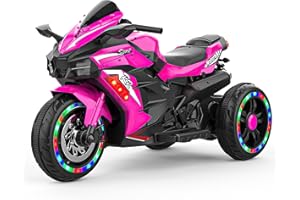 WIIS' IDEA WIIS'IDEA Kids Ride On Motorcycle,12V Electric Battery Powered Ride On Bike,3 Wheels Electric Motorcycle for Kids Ages 3-6 Years with Hand Racing,LED Light-Emitting Tyres,PU Seat,Toy Gifts（Pink）