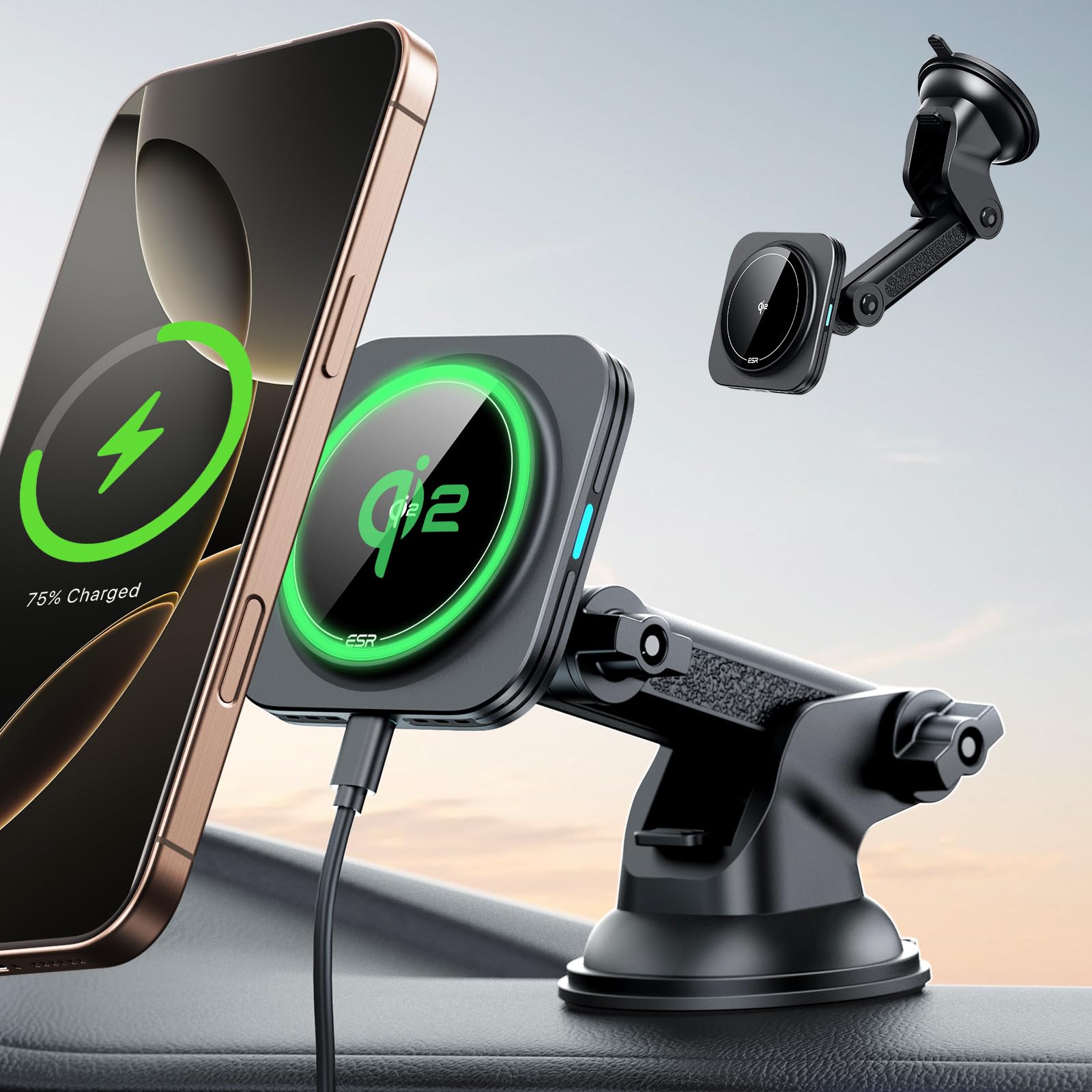 Photo 1 of ESR for Qi2 15W MagSafe Car Mount Charger, Qi2-Certified MagSafe Car Charger, Dashboard/Windshield Magnetic Wireless Car Charging, Car Phone Mount for iPhone 16/15/14/13/12, S25, Fast Charging, Black