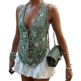 Cjfdfy Women's Y2k Sparkly Sequin Beaded Halter Tops Sexy Cowl Neck Low Cut Backless Embellished Tops Concert Party Outfits