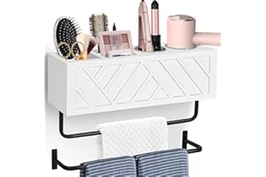 JORKOL Hair Tool Organizer Wall Mount, Hair Dryer Holder with 2 Towel Bars, Wood Hot Tools Organizer, Rustic Bathroom Organizer Blow Dryer Holder for Bathroom Decor, Flat Iron, Curling Wand, Brushes(White)