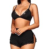 RSLOVE Sexy Pajamas for Women Soft Lingerie Set Lace Trim Sleepwear 2 piece Pjs Shorts Set