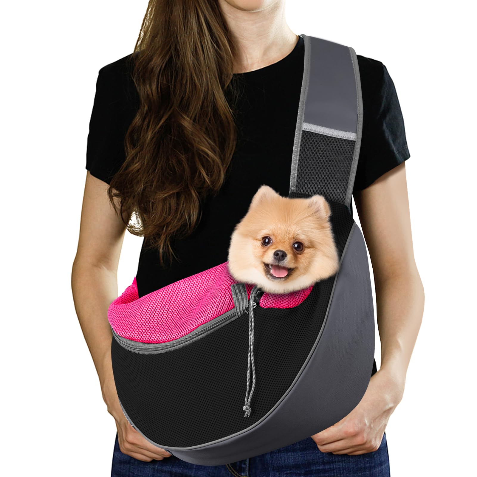 Photo 1 of Pawaboo Dog Sling Carrier, Hand Free Breathable Mesh Bag for Puppy Cat, Drawstring Dog Papoose with Adjustable Strap and Pocket, Crossbody Satchel Dogs Purse for Outdoor Travel, L, Magenta
