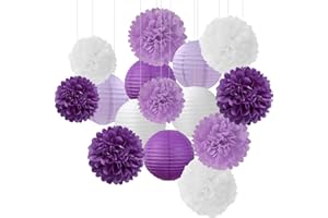 Purple-White Lavender Party Decorations Paper Flowers Lanterns - 15PCS Birthday Graduation Tissue Pom Poms Streamers, Baby Bridal Shower Wedding Retirement Bachelorette Hanging Supplies Decor Hugfond