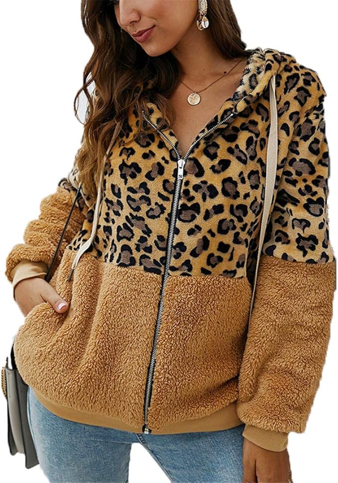 REWORDGT Leopard Patchwork Women Teddy Coat Autumn Hooded Fluffy Plush