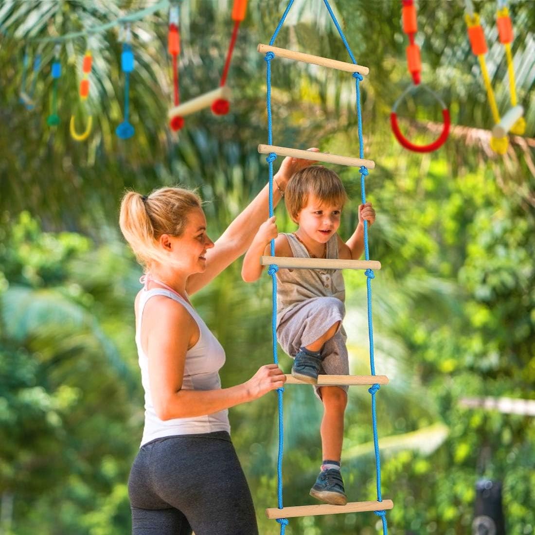 Jugader Ninjaline + Slackline Ninja Warrior Training Equipment for Kids - Backyard Obstacle Courses Including Rope Ladder, Gym Rings, Rope Knots, Monkey Bars: Toys & Games