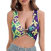 Zoooyawn Mardi Gras Crop Top for Women Mardi Gras Sexy Outfit Sleeveless Green Purple Gold Deep V Neck Top Carnival Going Out