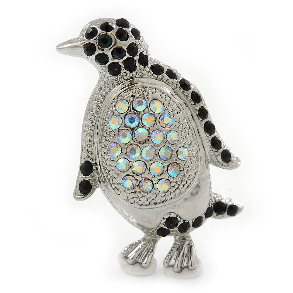Black/AB Crystal 'Penguin' Brooch In Silver Tone Metal - 40mm Length