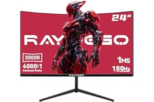 Raywego 24 inch Curved Gaming Monitor 180Hz 1ms,FHD 1920×1080P,4000:1 Contrast Ratio,with FreeSync & Eye-Care Technology, Support DP, HDMI,USB,3.5mm Port for Gaming Home Office,Wall Mount Install