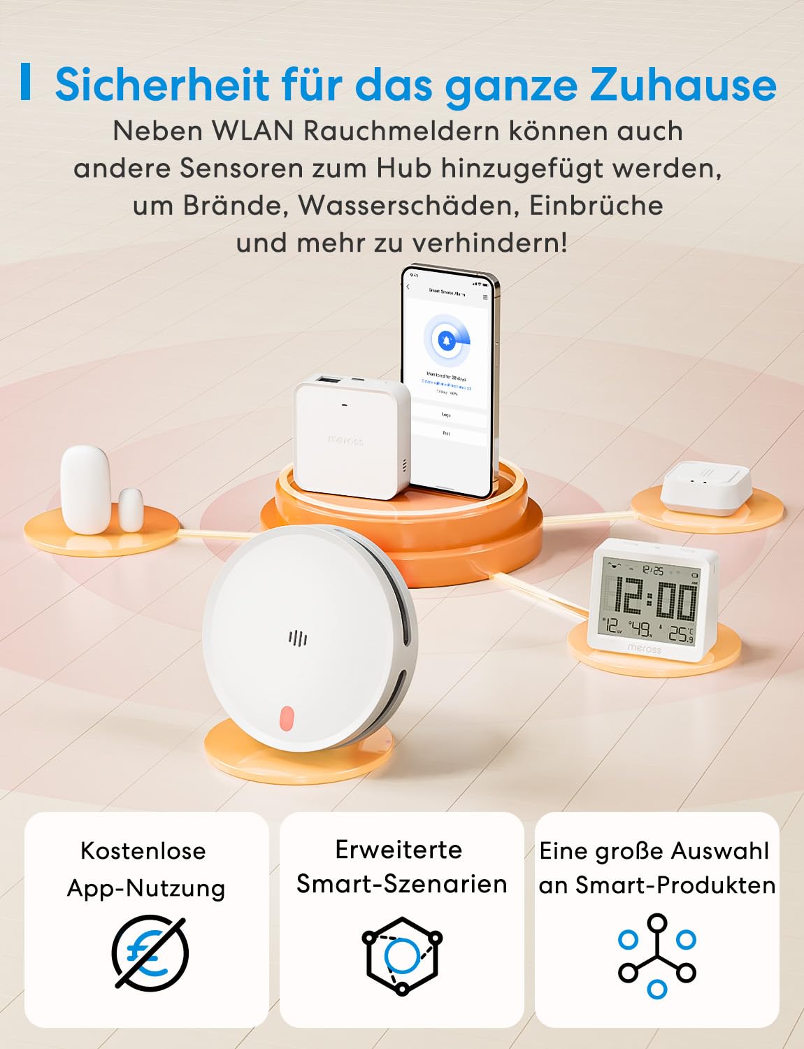 Meross Matter Rauchmelder vernetzt, Smart Feuermelder WLAN mit Dual-Lichtsensor, Brandmelder mit APP Warnmeldung, Kompatibel mit Home Assistant, HomeKit, Alexa, Google, 33 mm, mit MSH450 Hub, 3 Stück 8