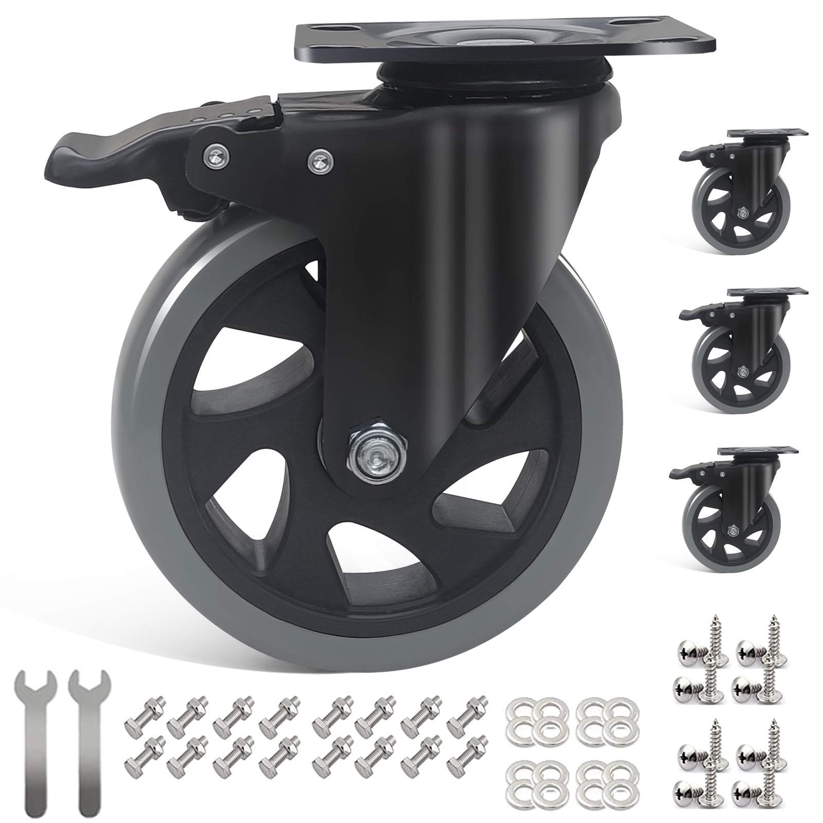 IQWTU 125MM Heavy Duty Castor Wheels 4 Furniture Castors with Brakes, Double Bearing Rubber Swivel Castor PU Trolley Wheels, Industrial Plate Casters Capacity 800KG