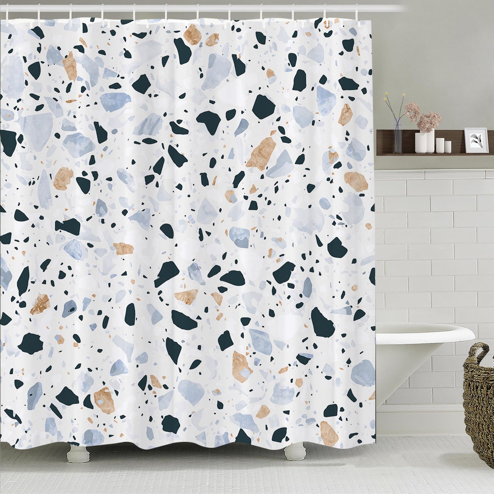 Simpomsy Terrazzo Shower Curtains Mould proof resistant, Washable Weighted Fabric Wet Room Shower Curtain, 3D Marble Terrazzo Long Shower Curtains 180x180cm
