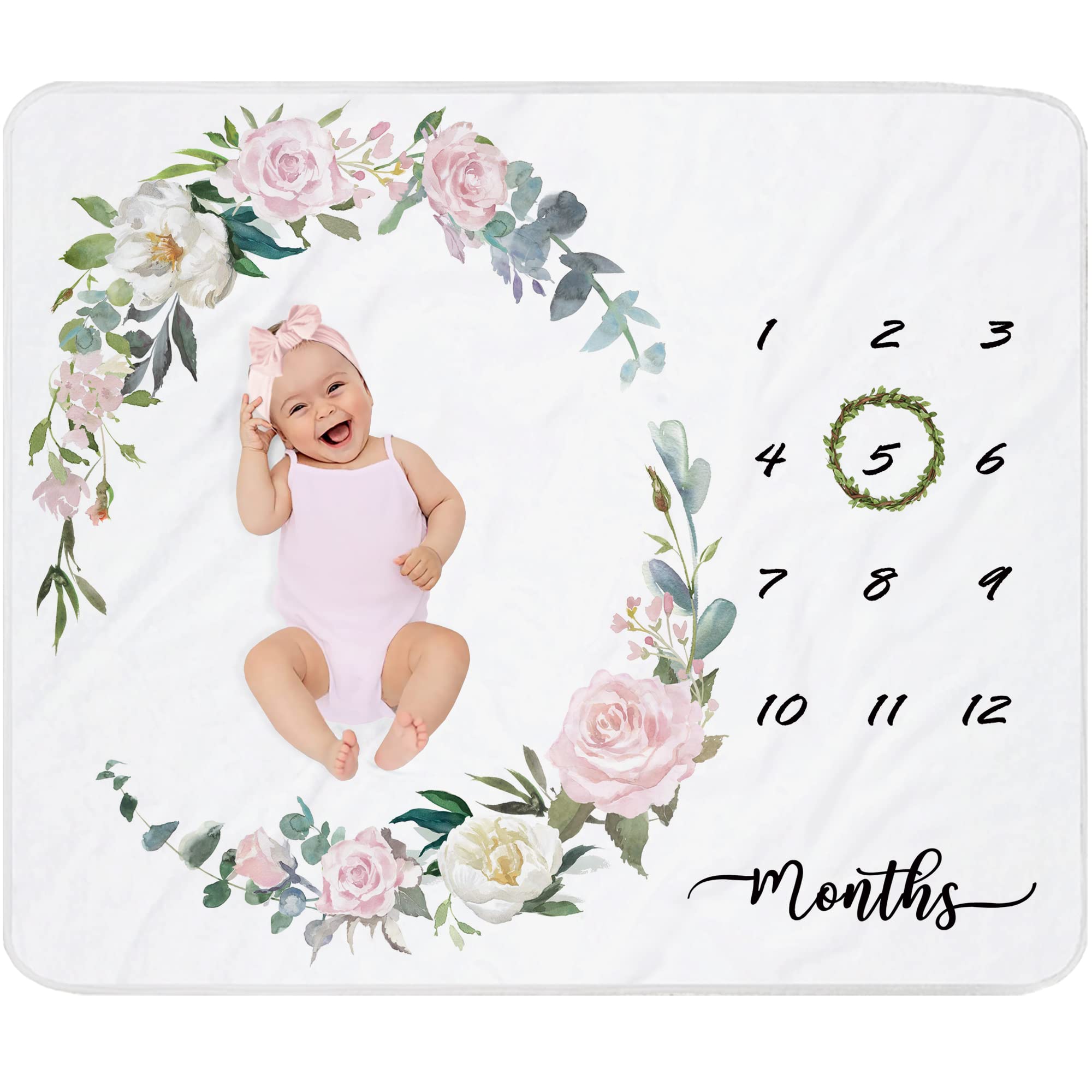 Photo 1 of fundich Baby Milestone Blanket Girl|Newborn Monthly Milestone Blanket|Rose Nursery Decor|Baby Girl Photo Background Prop Picture Blanket with Wreath and Headband