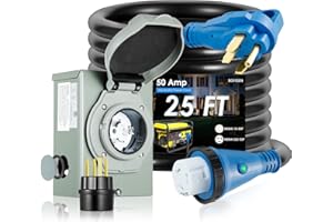 BOYISEN 50 Amp Generator Cord 25FT and Power Inlet Box Combo Kit, 50 Amp Generator Pre-Drilled Inlet Box, NEMA 14-50P to SS2-50R Cord with Adapter Plug and Cable Waterproof Combo Kit, ETL Listed