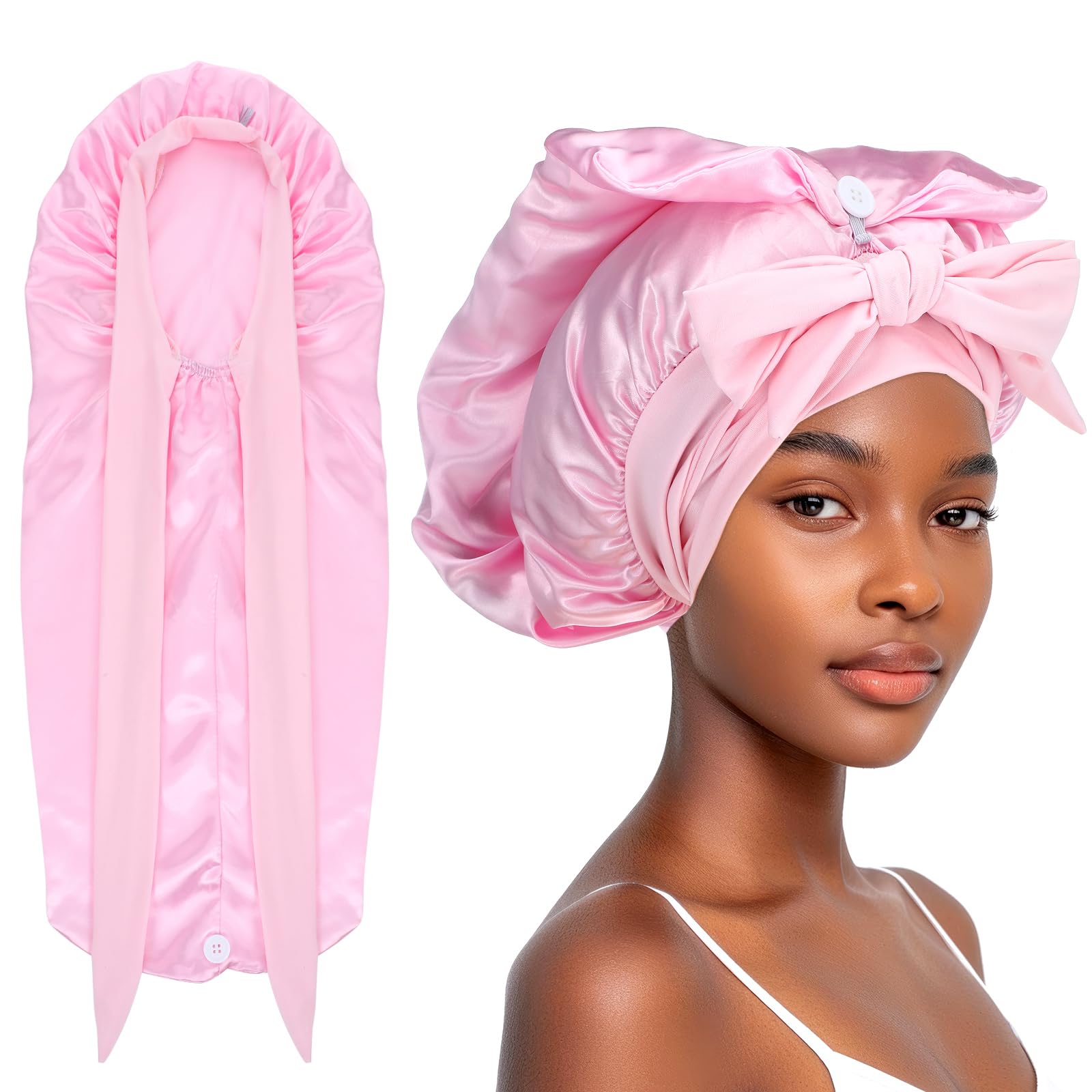 Abeillo Satin Bonnet for Women - Silk Hair Cap with Tie Band for Braids, Curly Hair (Pink)