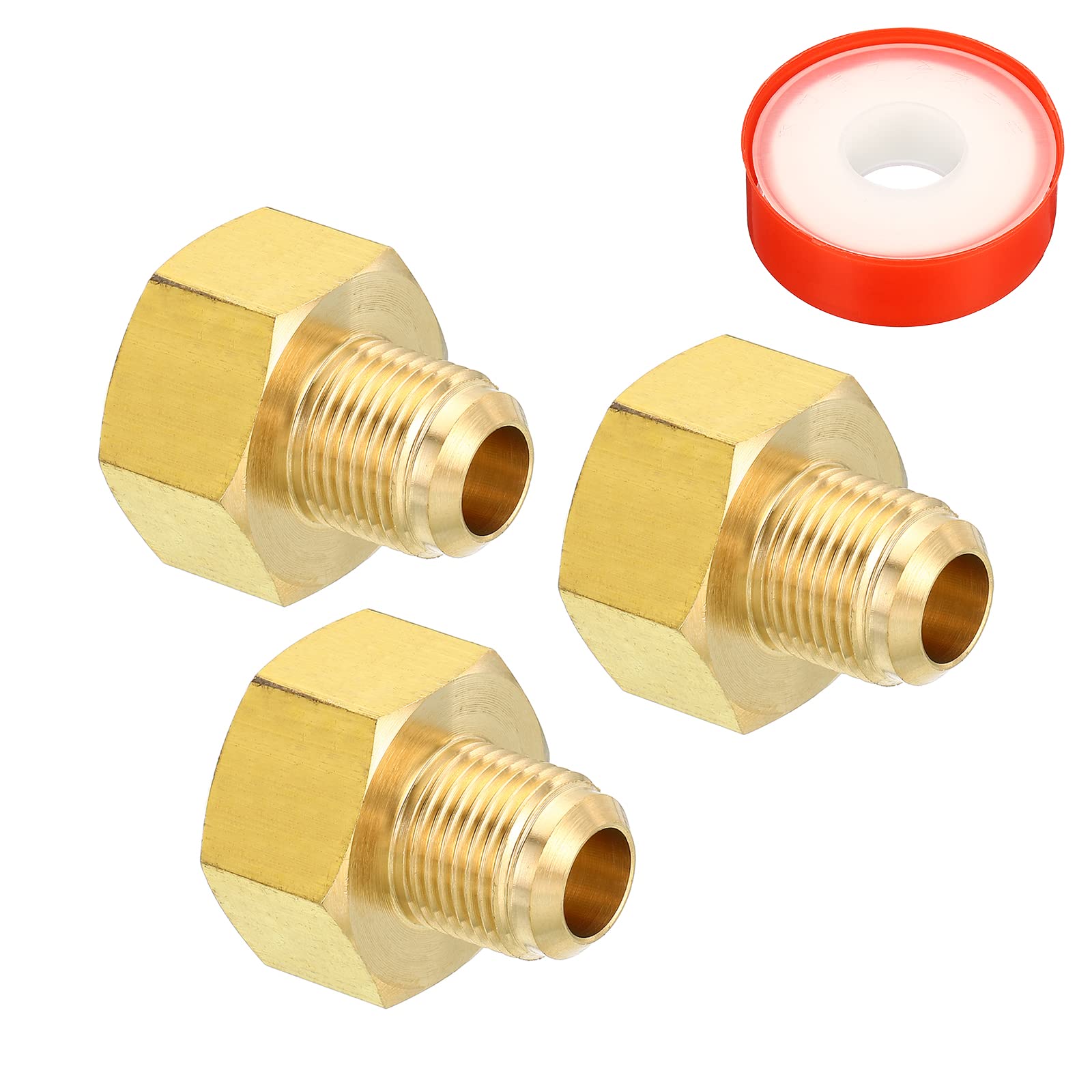 Photo 1 of PATIKIL 1/2 SAE Male x 5/8 SAE Female Brass Flare Tube Fitting, 2 Pack Pipe Fitting Reducer Gas Adapter Hex Coupling with PTFE Tape for HVAC Fuel Oil Air Natural Gas Line Connection