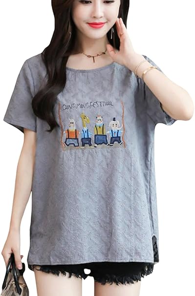 S Xiny Tシャツ レディース ブラウス 半袖 綿麻 夏 花柄 刺繡 おしゃれ トップス カットソー カジュアル ファッション 通気性 速乾 Tシャツ カットソー 通販 Amazon