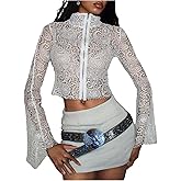 MakeMeChic Women's Boho Tops Paisley Crochet Bell Sleeve Blouse Hollow Out Zip Up Sheer Going Out Crop Tops
