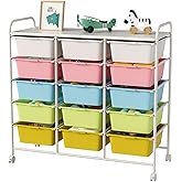 Ytaoka 15 Drawers Rolling Cart With Wheels, Plastic Storage Drawer With Metal Frame, Multipurpose Art Craft Organizer, Utility Cart for Home, Office, School, Multicolor
