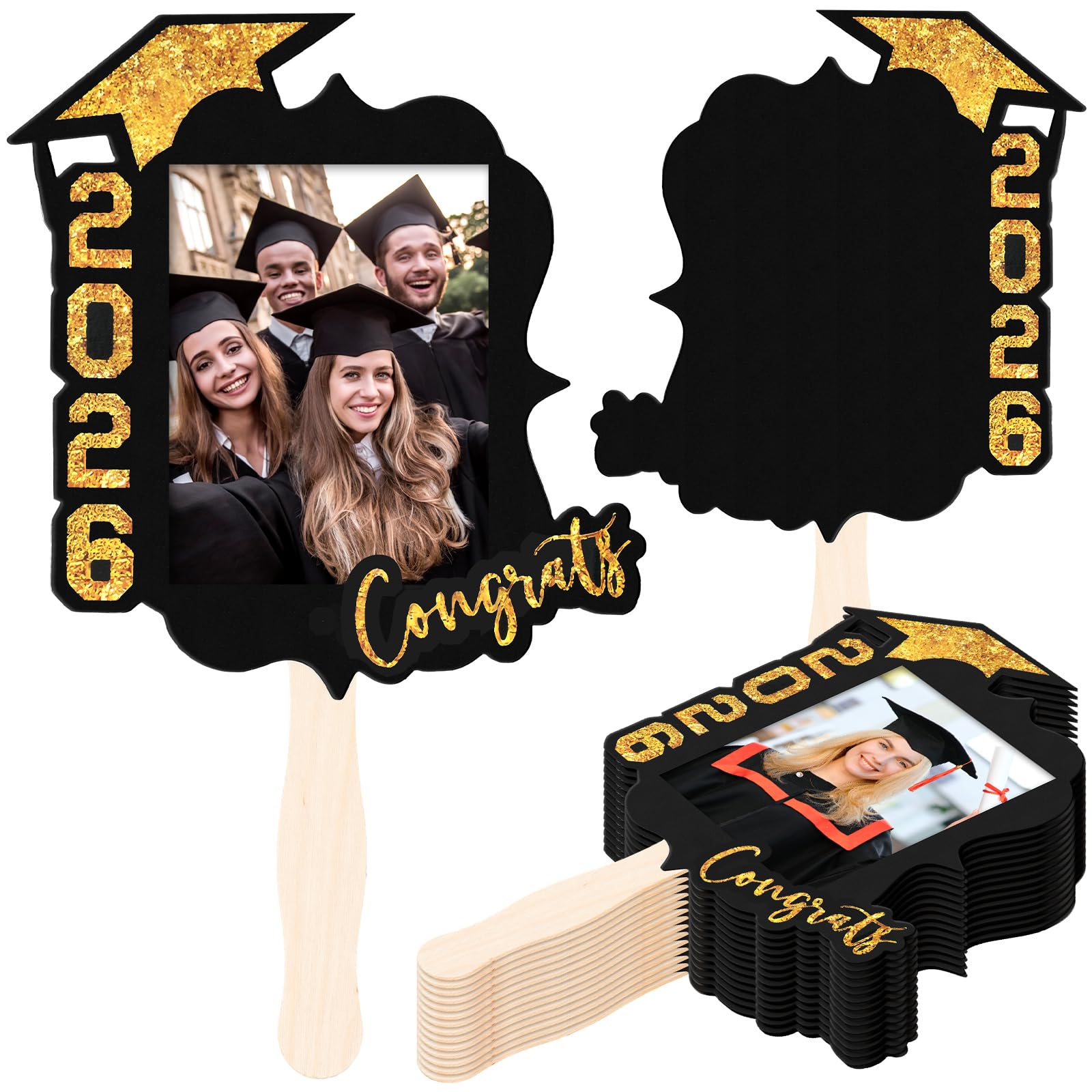 Photo 1 of 24 Pcs Personalized Graduation Fans Custom Photo Cutout Face Fans with Handle Double Sided Class of 2026 Grad Photo Props Grad Party Supplies Blank DIY Frame for Graduation Party Souvenirs (Gold)