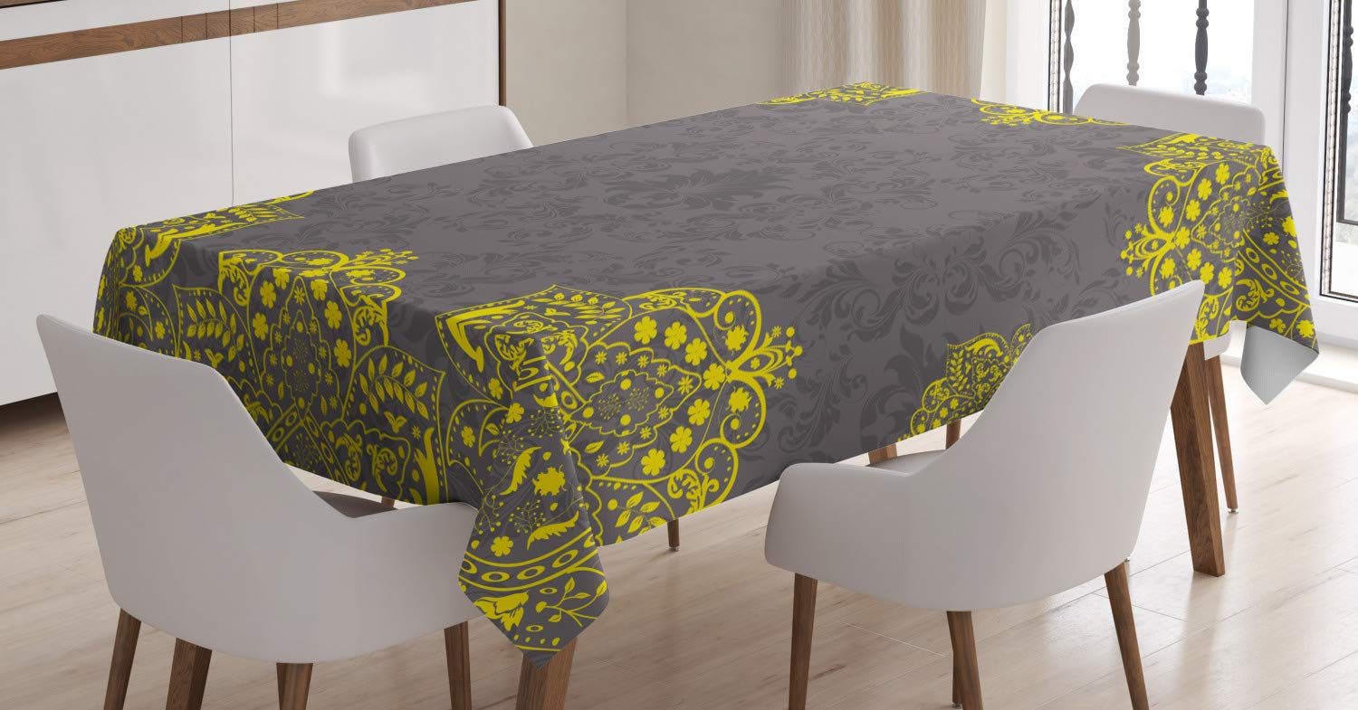 ABAKUHAUS Grey and Yellow Tablecloth, Traditional Victorian Style Abstract Backdrop Floral Frame Image, Dining Room Kitchen Table Cover, Rectangular 140 x 200 cm, Grey Yellow